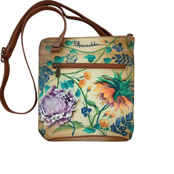 Anuschka Handbags - ANUSCHKA Leather Hand Painted Crossbody Organizer Bag Caribbean Garden 7 pocket